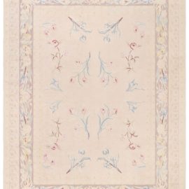 Traditional Antique-Inspired Aubusson Floral Soft Beige Handmade Wool Rug “Blush” N12789