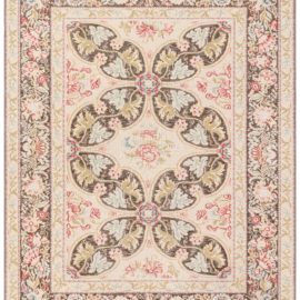 Flatweave-Inspired Traditional Floral Cream Handmade Wool Rug “Rosefoil” N12787