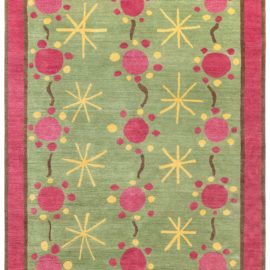 “Heliobloom” Modern Art Deco Floral Olive Handmade Wool Rug N12799