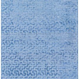 Modern Geometric Fret Pattern Light Blue Handmade Silk Runner “Aegean Maze” N12818