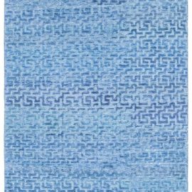 Modern Abstract Geometric Light Blue Hand-Knotted Silk Runner “Luminous Maze” N12812