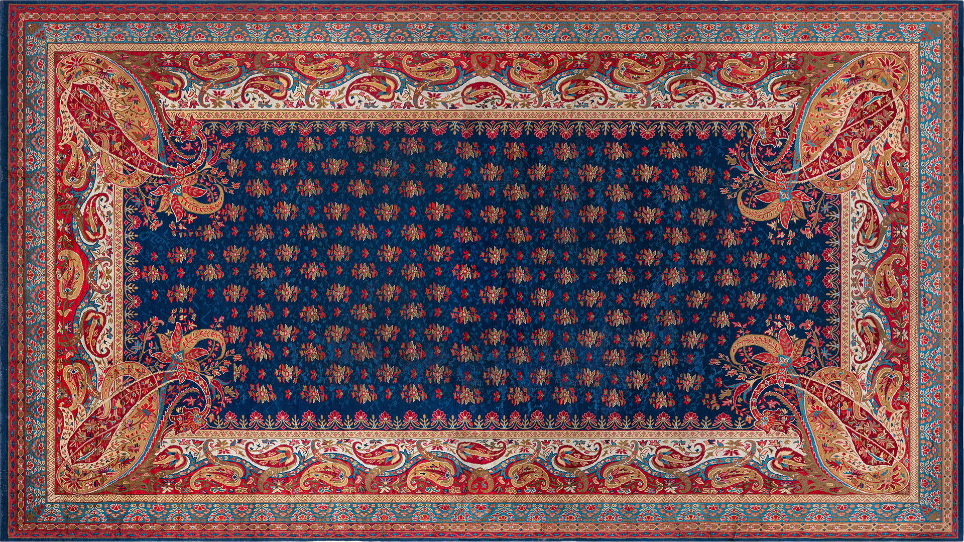 A luxurious English Axminster carpet with an opulent blue background