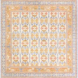 Vintage Spanish Floral Cream Beige Hand-Knotted Wool Rug BB8701