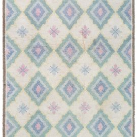 Swedish Vintage Geometric Cream Hand-Knotted Wool Rug Rya Pile Rug BB8752