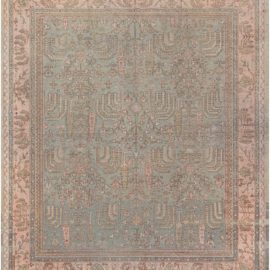 Antique Oushak Turkish Allover Floral Teal With Warm Tan Hand-Knotted Wool Carpet – Circa 1920 BB8817