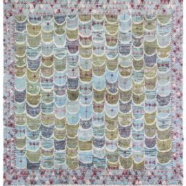 Contemporary Geometric Half-Moon Motif Slate Gray Handmade Wool Carpet N12857