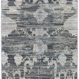 Traditional Rug Abstract-Inspired Geometric Slate Gray Hand-Knotted Silk Carpet “Mistlace” N12892