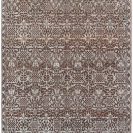 Contemporary Damask Vine Lattice Ivory And Brown Hand-Knotted Wool & Silk Rug “Vigne” N12889