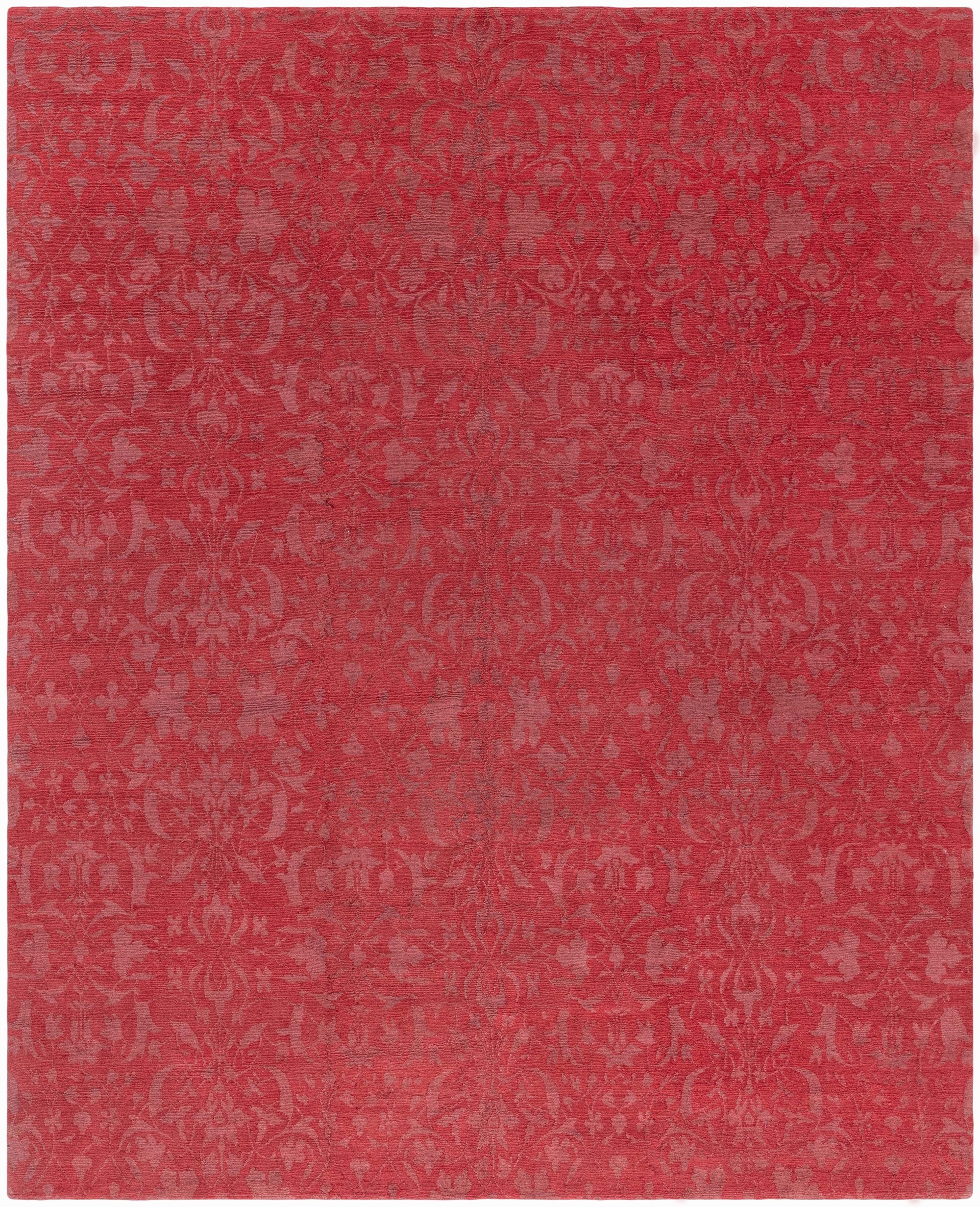Red Rustic Long Rug Modern Damask Crimson Handmade Wool & Silk Rug