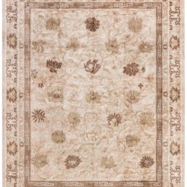 Floral Modern Meander Rose Motif Soft Beige Handmade Silk Rug “Meandrose” N12898
