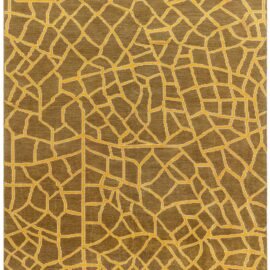“Kintsugi” Modern Floral Crackle Brown With Yellow Hand-Knotted Wool Rug N12927