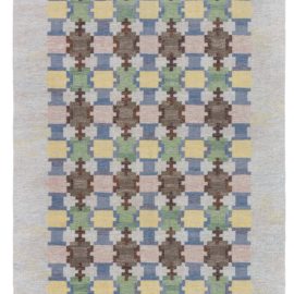 Mid-Century Scandinavian Geometric Light Gray Flatweave Wool Rug Designed By Judith Johansson “Spise Hall” BB8960