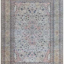 Antique Kashan Persian Medallion Floral Light Beige Hand-Knotted Wool Rug – Circa 1920 BB8976