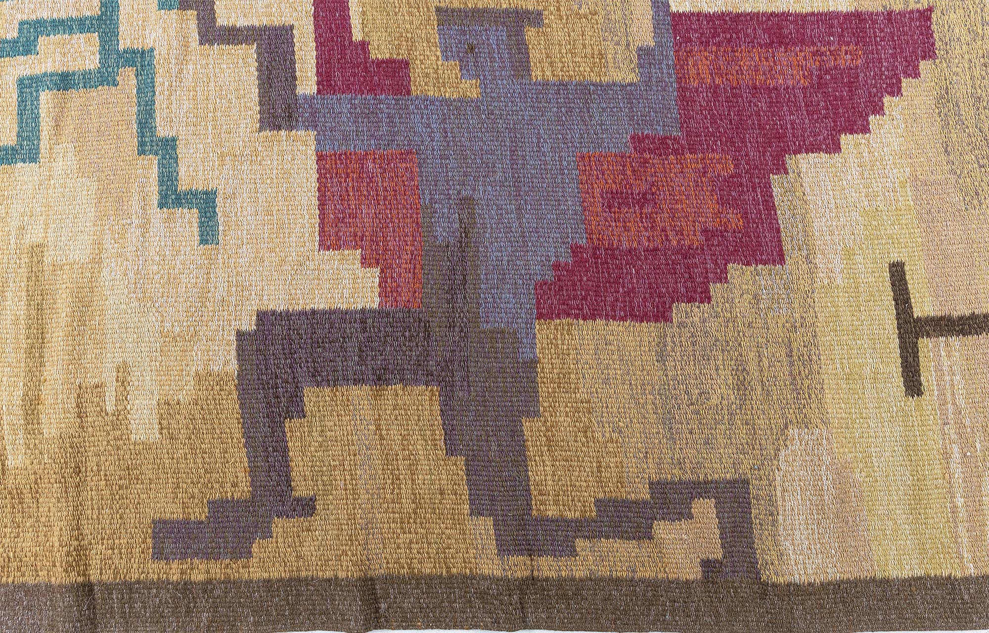Vintage Scandinavian Art Deco Abstract Warm Tan Flatweave Wool Rug By Carl Edvin Svensson For The Malmo City Theater BB9017 Vintage Scandinavian Art Deco Abstract Warm Tan Flatweave Wool Rug By Carl Edvin Svensson For The Malmo City Theater BB9017
