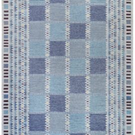 Modern Flatweave Geometric Light Gray Hand-Knotted Wool Rug N12961