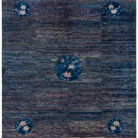 Vintage Chinese Floral Navy Blue Hand-Knotted Wool Rug BB9063