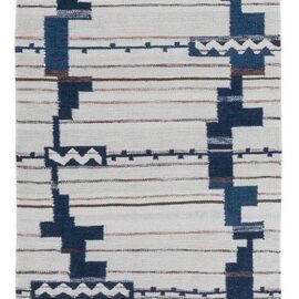 Modern Abstract Geometric Cream With Navy Blue Flatweave Wool Runner “Skystep” N12976