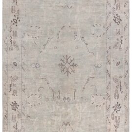Antique Oushak Turkish Medallion Geometric Light Gray With Soft Beige Hand-Knotted Wool Carpet – Circa 1920 BB9080