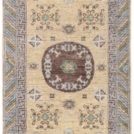 Samarkand-Inspired Traditional Greek-Key Meander Border Soft Beige Handmade Wool Carpet “Aegean” N12998