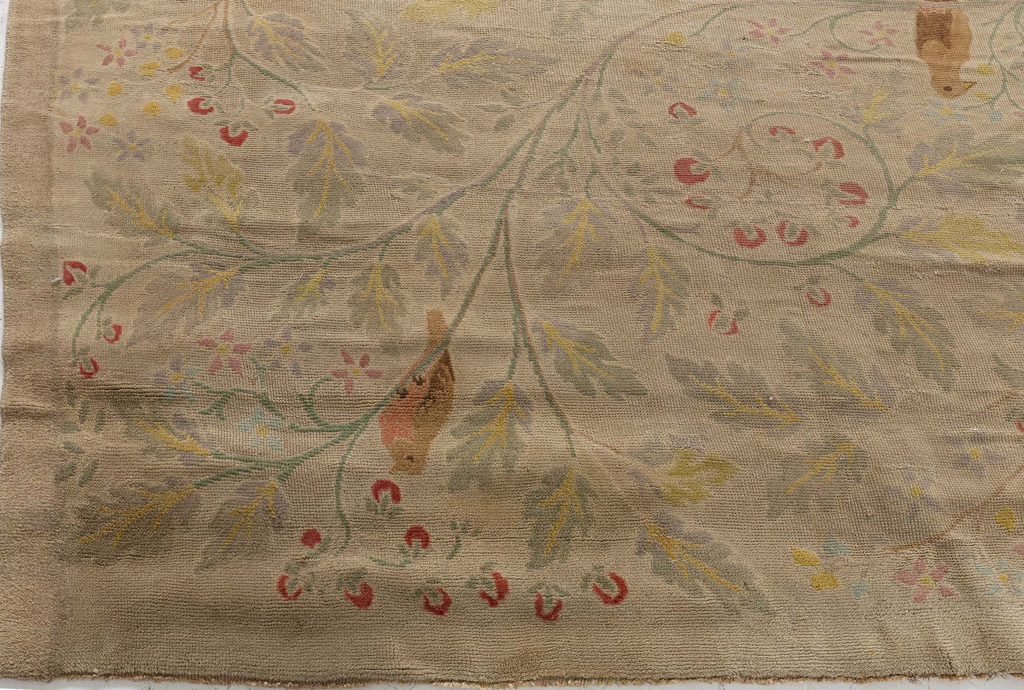 Vintage Irish Arts & Crafts Floral Pale Sand Hand-Knotted Wool Rug Tree Of Life Rug Designed By C.F.A. Voysey For J.G. Inzkey, Bohemia BB9093 Vintage Irish Arts & Crafts Floral Pale Sand Hand-Knotted Wool Rug Tree Of Life Rug Designed By C.F.A. Voysey For J.G. Inzkey, Bohemia BB9093