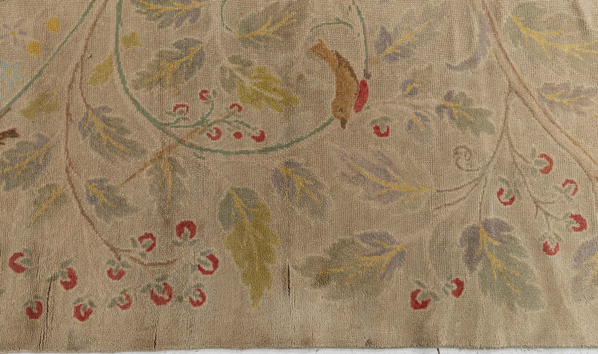 Vintage Irish Arts & Crafts Floral Pale Sand Hand-Knotted Wool Rug Tree Of Life Rug Designed By C.F.A. Voysey For J.G. Inzkey, Bohemia BB9093 Vintage Irish Arts & Crafts Floral Pale Sand Hand-Knotted Wool Rug Tree Of Life Rug Designed By C.F.A. Voysey For J.G. Inzkey, Bohemia BB9093