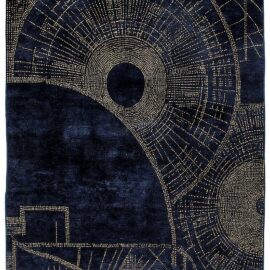 Modern Custom Rug in Midnight Blue and Antique Gold with Abstract Circular Motifs S50000