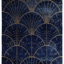 Modern Custom Rug in Midnight Blue and Soft Gold with Layered Art Deco Fan Pattern S50016