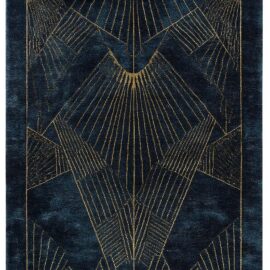 Modern Custom Rug in Midnight Blue and Antique Gold with Art Deco Geometry S50019