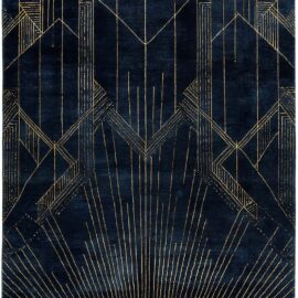 Modern Custom Rug in Midnight Blue and Antique Gold with Radiating Art Deco Geometry S50020