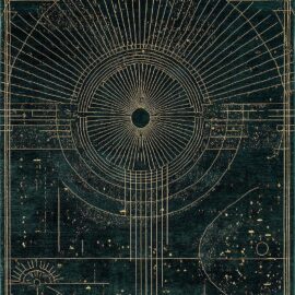 Art Deco–Inspired Custom Rug in Dark Emerald Green and Gold Linework S50021
