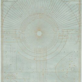 Architectural Modern Custom Rug in Celadon Blue with Antique Gold Linear Motifs S50022