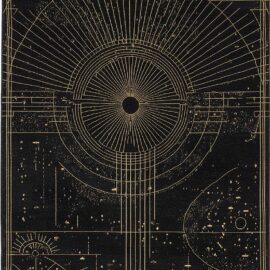 Luxury Custom Rug in Black and Aged Gold with Graphic Sunburst Composition S50024