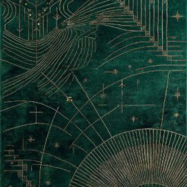 Modern Custom Rug in Emerald Green with Gold Linear and Astral Geometry S50026