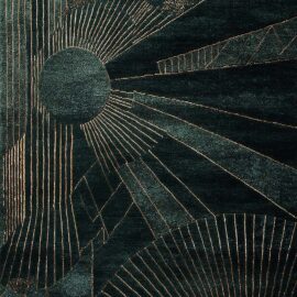 Modern Custom Rug in Deep Emerald Green and Antique Gold with Architectural Sunburst Motifs S50029