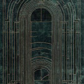 Art Deco–Inspired Custom Rug in Deep Emerald Green and Antique Gold with Monumental Arch Design S50030