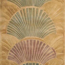 Modern Art Deco Fan Design Custom Rug in Golden Ochre, Celadon Green, and Muted Plum S50044