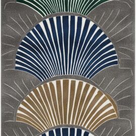 Modern Fan-Motif Custom Rug in Charcoal Gray, Emerald Green, Navy Blue, and Warm Ochre S50045