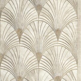 Modern Repeating Fan Motif Rug in Ivory, Soft Beige, and Champagne Gold S50055