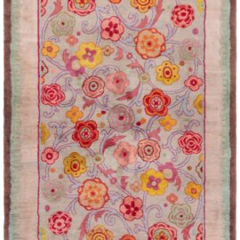 Vintage French Art Deco Floral Soft Beige Hand-Knotted Wool Carpet BB9095