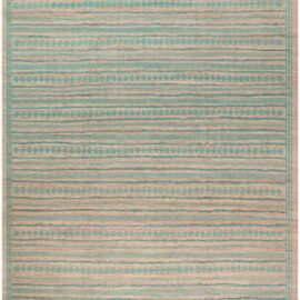 Hand-Knotted Modern Warm Tan With Teal Striped Handmade Wool Rug “Aquastria” N13024