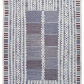 Modern Swedish Flat-Weave Rug with Blue-Grey Geometric Stripes N13036
