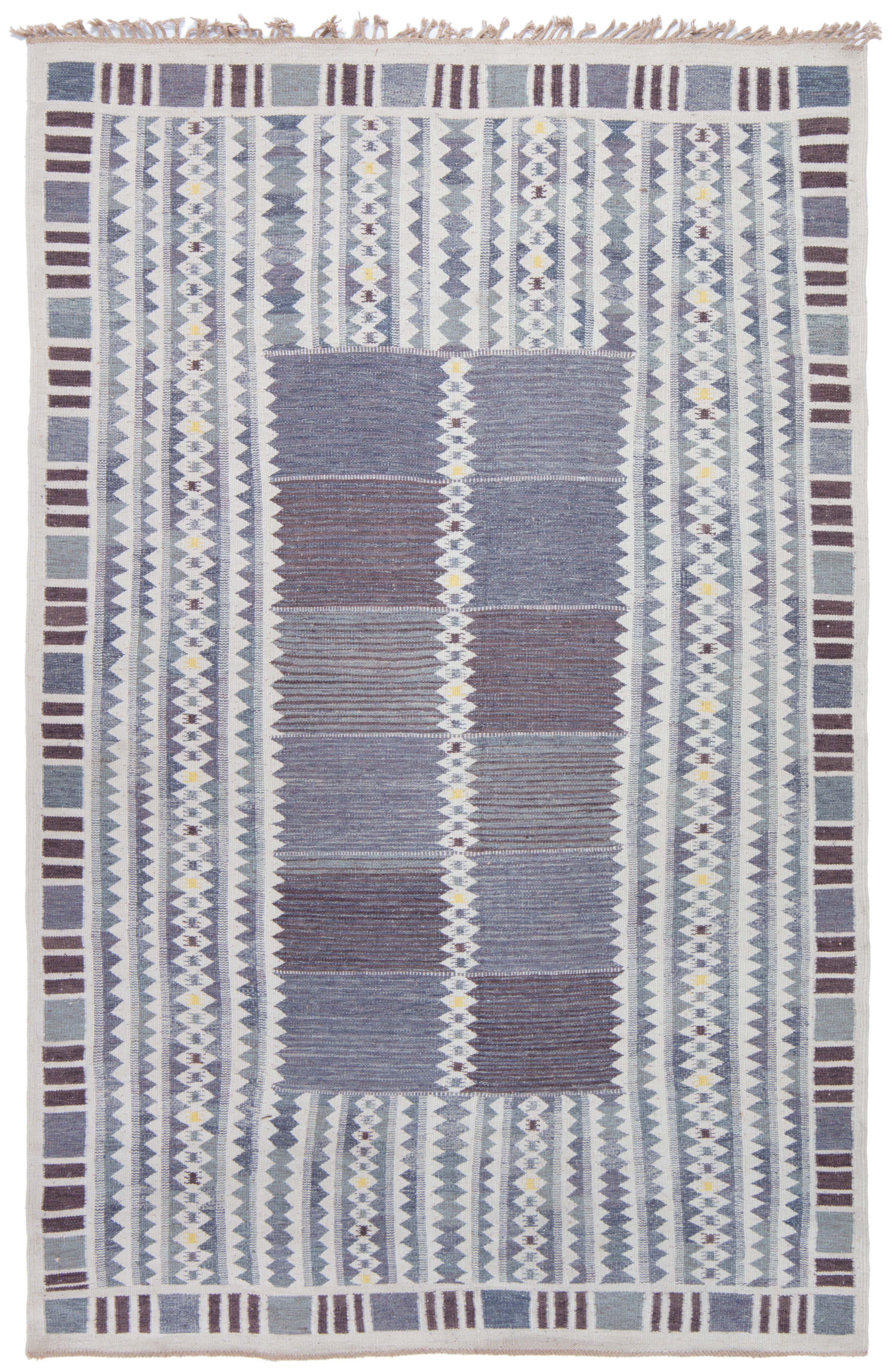 Modern Swedish Flat-Weave Rug with Blue-Grey Geometric Stripes