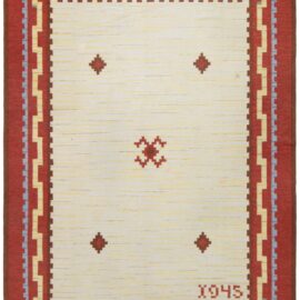 Swedish Mid-Century Geometric Light Beige With Brick Red Flatweave Wool Carpet BB9117