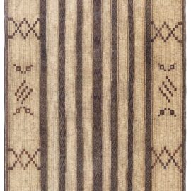 Moroccan Vintage Geometric Cream Beige With Brown Hand-Knotted Carpet Reed And Leather Tuareg BB9106