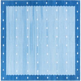 Mid-Century Indian Dhurrie Geometric Light Blue With Navy Blue Flatweave Cotton Carpet BB9156