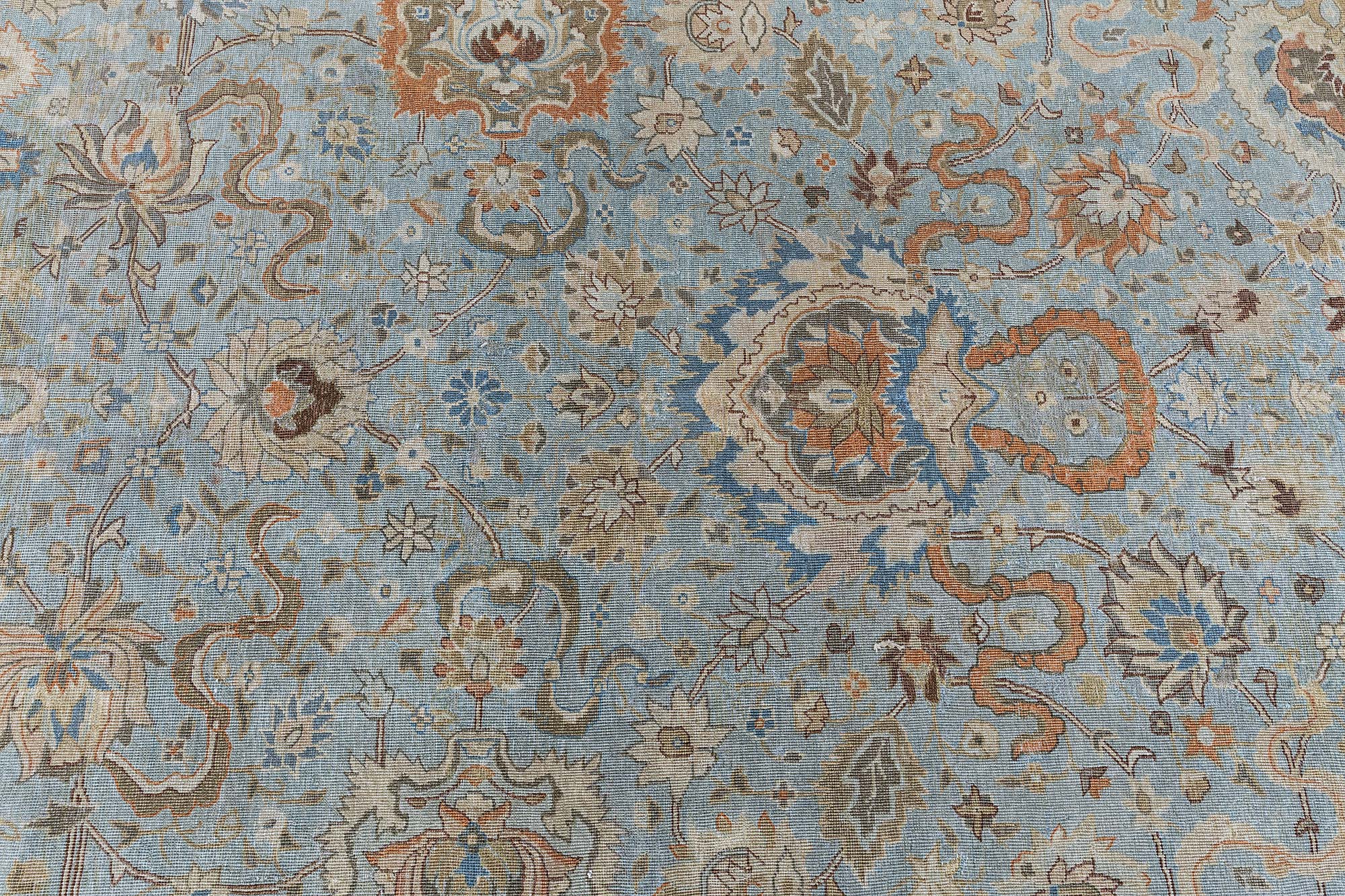 Antique Indian Floral Light Blue Hand-Knotted Wool Rug (Size Adjusted) BB9178 Antique Indian Floral Light Blue Hand-Knotted Wool Rug (Size Adjusted) BB9178