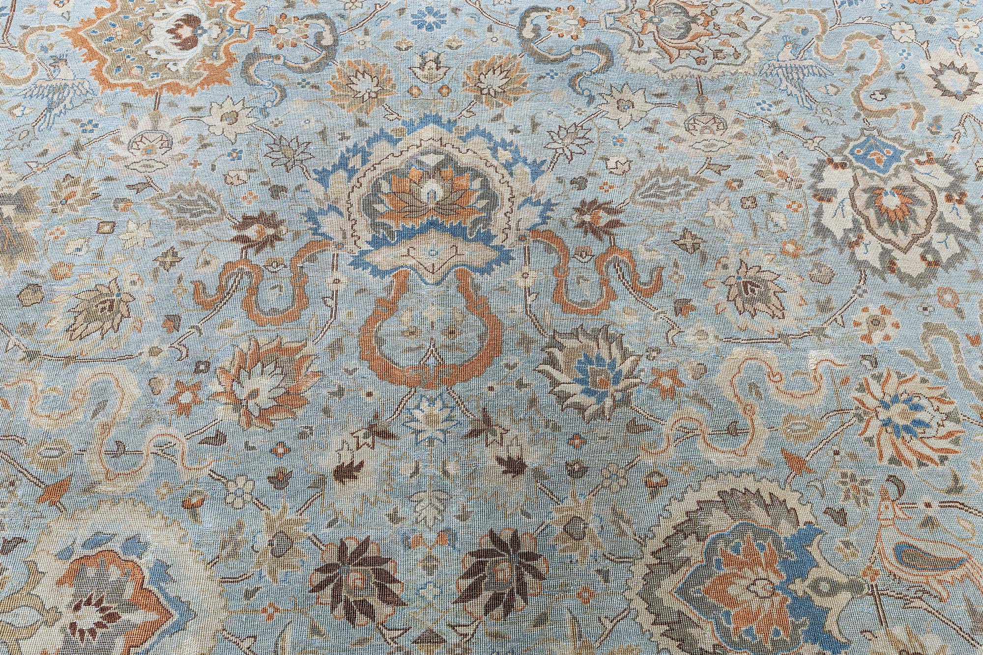 Antique Indian Floral Light Blue Hand-Knotted Wool Rug (Size Adjusted) BB9178 Antique Indian Floral Light Blue Hand-Knotted Wool Rug (Size Adjusted) BB9178