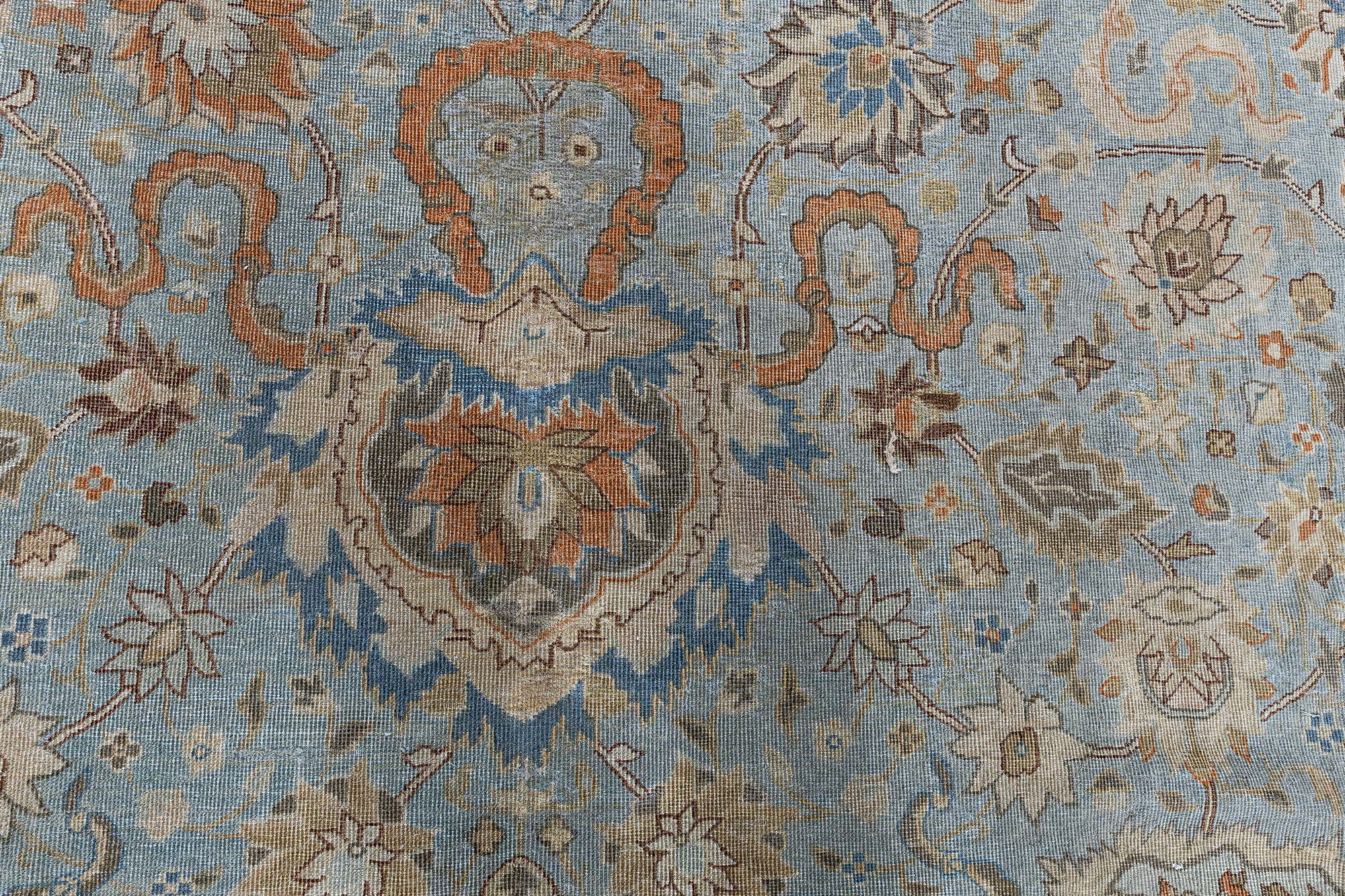 Antique Indian Floral Light Blue Hand-Knotted Wool Rug (Size Adjusted) BB9178 Antique Indian Floral Light Blue Hand-Knotted Wool Rug (Size Adjusted) BB9178