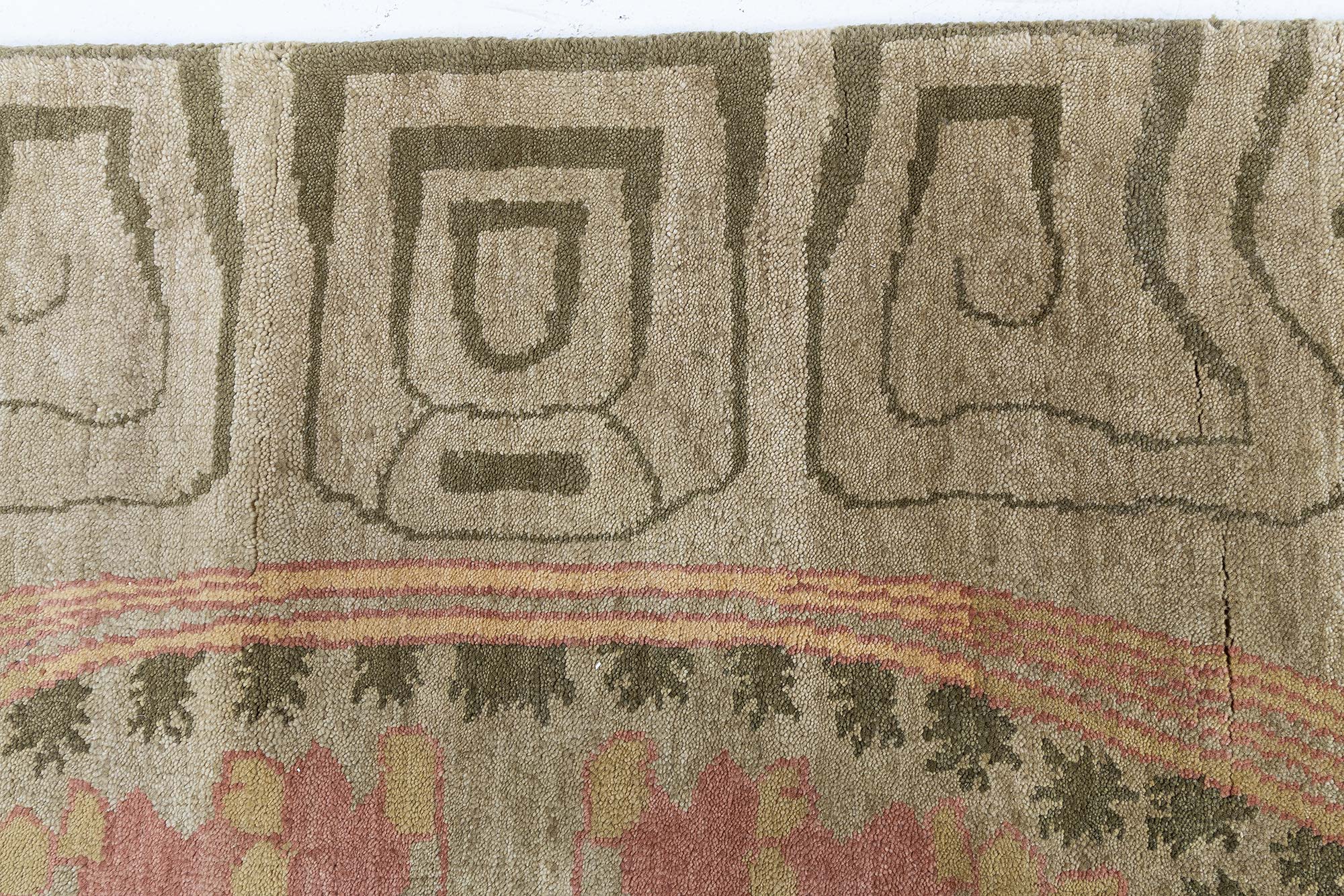Modern Art Nouveau Floral And Geometric Cream Beige Handmade Wool Rug “Naissance” N13048 Modern Art Nouveau Floral And Geometric Cream Beige Handmade Wool Rug “Naissance” N13048