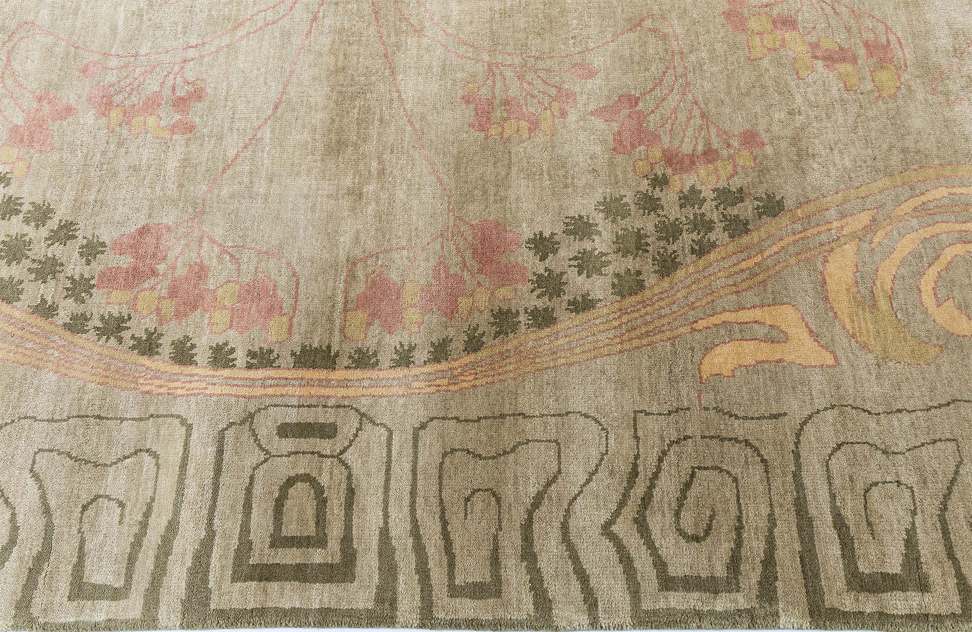 Modern Art Nouveau Floral And Geometric Cream Beige Handmade Wool Rug “Naissance” N13048 Modern Art Nouveau Floral And Geometric Cream Beige Handmade Wool Rug “Naissance” N13048
